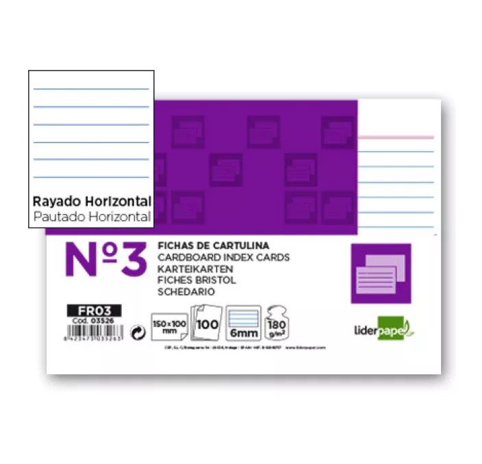 FICHA CARTULINA RAYADA Nº3 100MMX150MM 100U LIDERPAPEL FR03 03526