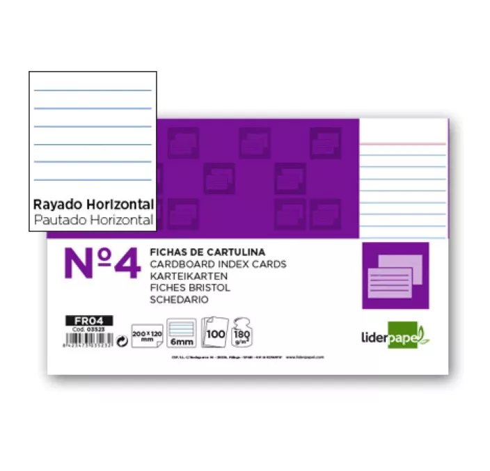 FICHA CARTULINA RAYADA Nº4 125MMX200MM 100U LIDERPAPEL FR04 03523