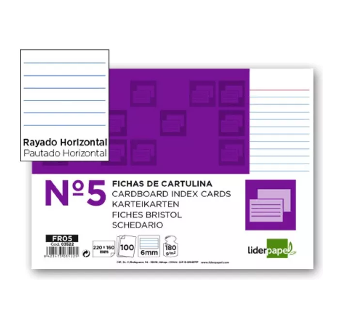 FICHA CARTULINA RAYADA Nº5 160MMX220MM 100U LIDERPAPEL 03522 FR05