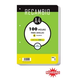 RECAMBIO A4 4 ANILLAS 4X4 100H 100GRS CANTOS REDONDEADOS PACSA 21051