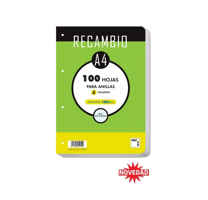 RECAMBIO A4 4 ANILLAS 4X4 100H 100GRS CANTOS REDONDEADOS PACSA 21051