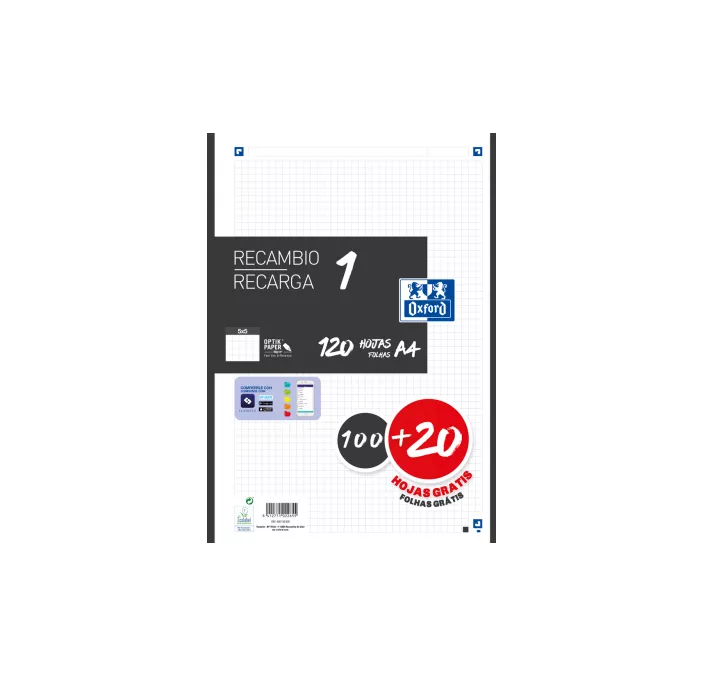 RECAMBIO A4 4 ANILLAS 5X5 120H 90GRS NEGRO OXFORD 400158165