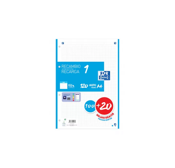 RECAMBIO A4 4 ANILLAS 5X5 120H 90GRS TURQUESA OXFORD 400158058