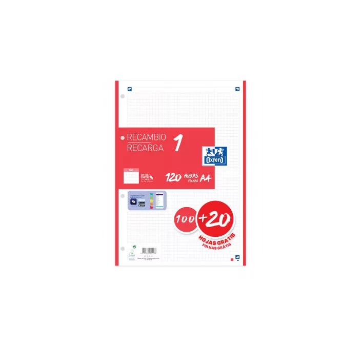 RECAMBIO A4 4 ANILLAS 5X5 120H 90GRS ROJO OXFORD 400158162