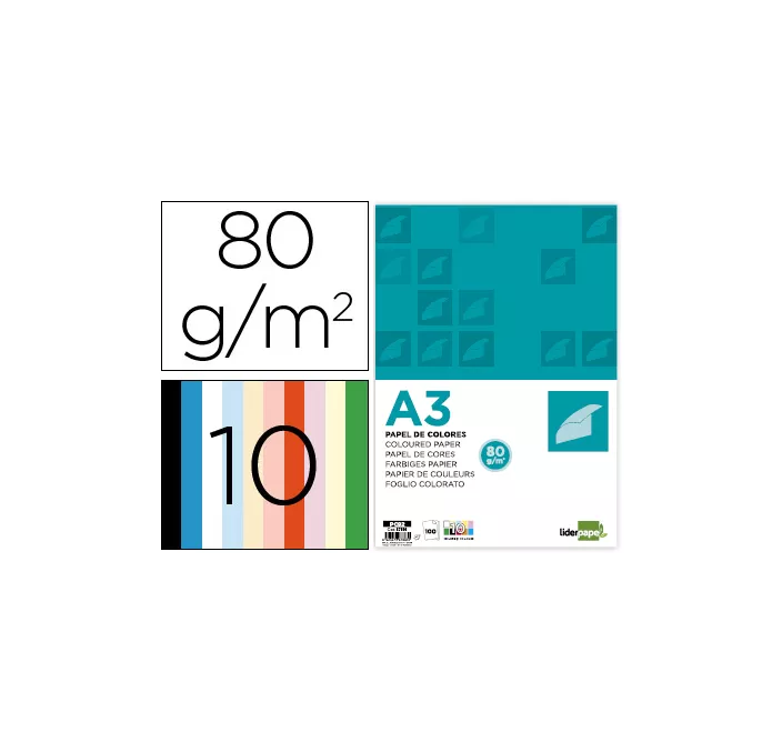 PAPEL A3 80gr 10 COLORES SURTIDOS 100H LIDERPAPEL 67883 PC92