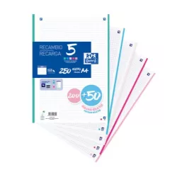 RECAMBIO 4 ANILLAS A4 CUADRICULA 5X5 250 HOJAS 5 COLORES OXFORD 400173020