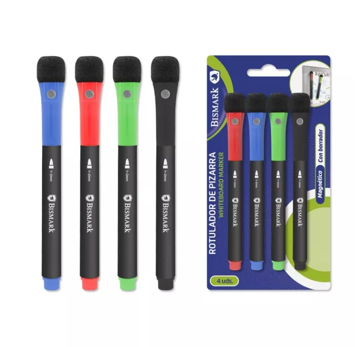ROTULADOR PIZARRA IMANTADO CON BORRADOR PACK 4UDS BISMARK 329585