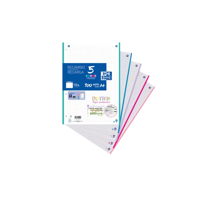 RECAMBIO A4 4 ANILLAS PUNTOS LETTERING 100H 5 COLORES PASTEL OXFORD 4001623