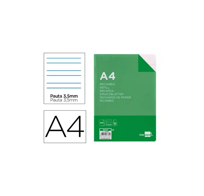 RECAMBIO A4 100H 60gR PAUTA 3,5mm 4 TALADROS LIDERPAPEL 27780 RF07