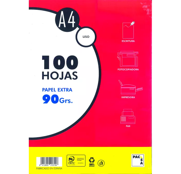 PAPEL A4 100H 90GRS BLANCO SATINADO NORMAL PACSA 21815