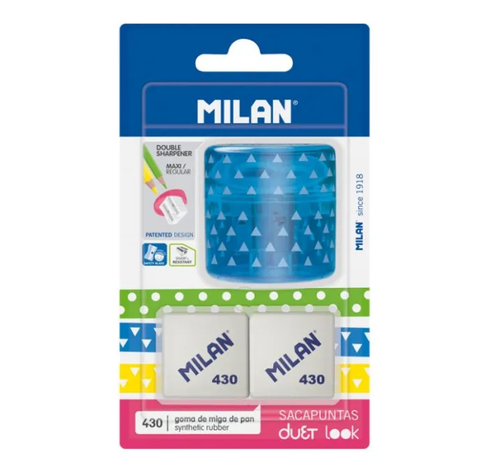 SACAPUNTAS DEPOSITO DUET LOOK AZUL + 2 GOMAS 430 MILAN BYM10370