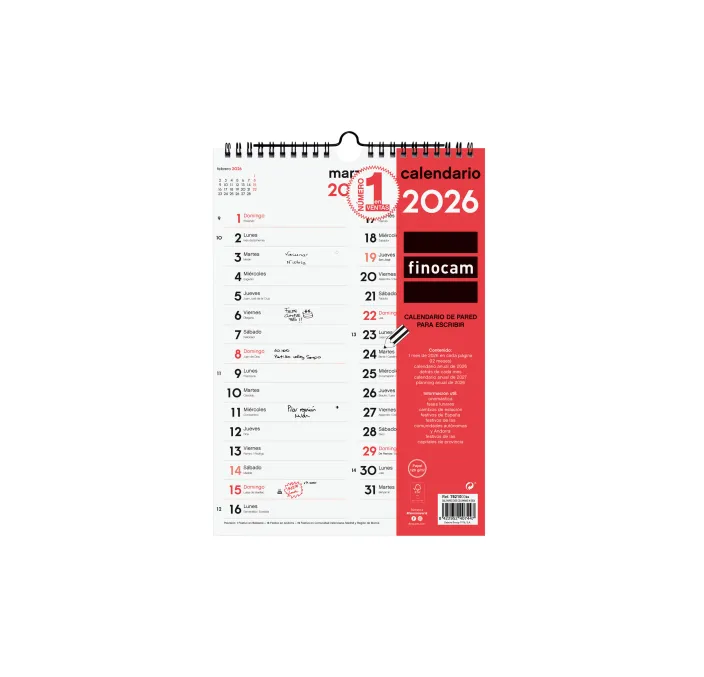 CALENDARIO PARED 2026 21X30 PARA ESCRIBIR 2 COLUMNAS M FINOCAM 782100026