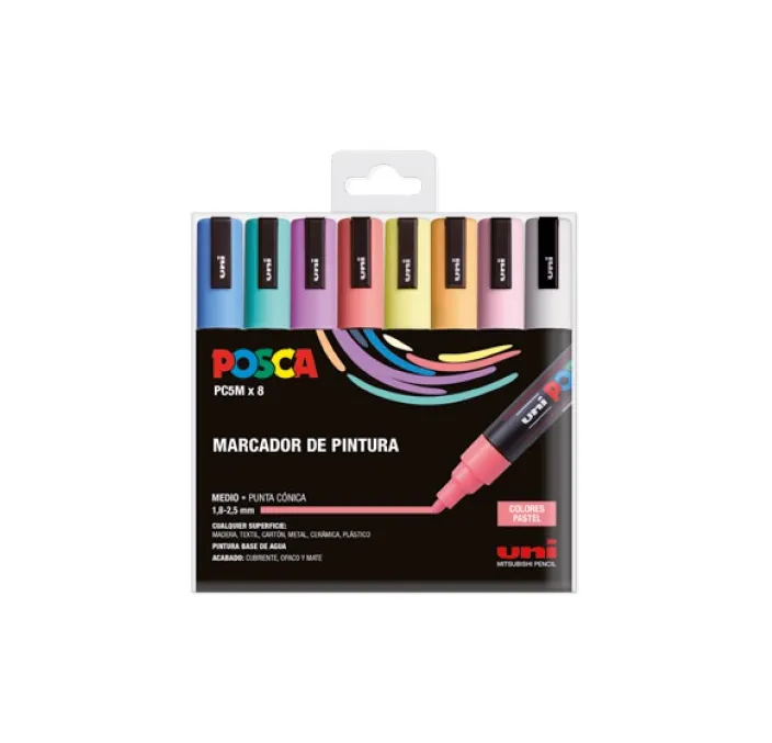ROTULADOR PERMANENTE 2.5MM ESTUCHE PASTEL PC-5M/8C POSCA UNI 182634810