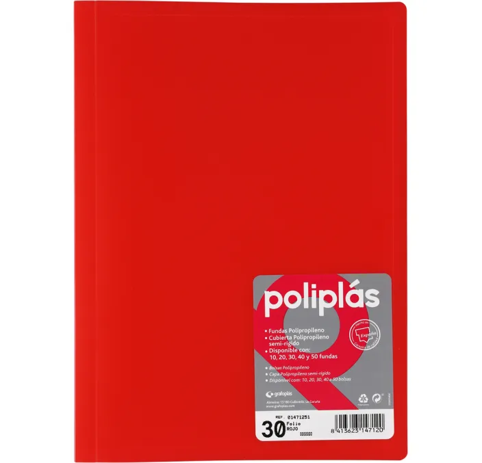 CARPETA 30 FUNDAS Fº ROJO TRANSLUCIDOS POLIPLAS GRAFOPLAS 01471251